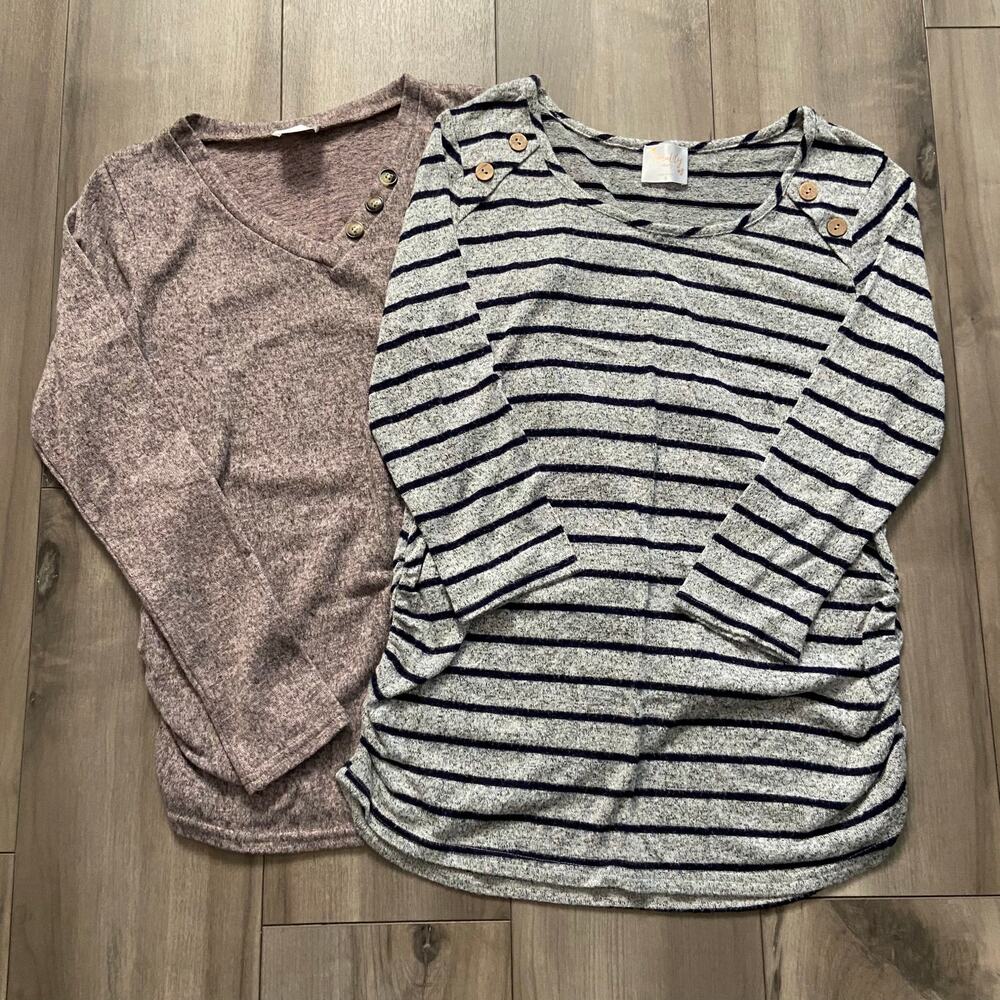 Lot of 2 Siren Lily Maternity Tops Women's S Gray Pink Fleck Navy Striped Ruched